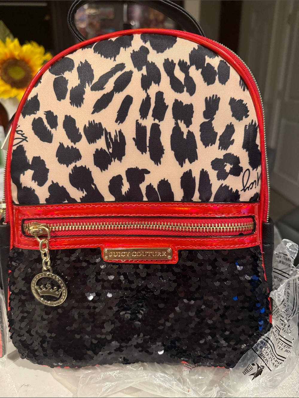 Juicy Couture Black Sequin & Red Trim Leopard Print Mini Backpack